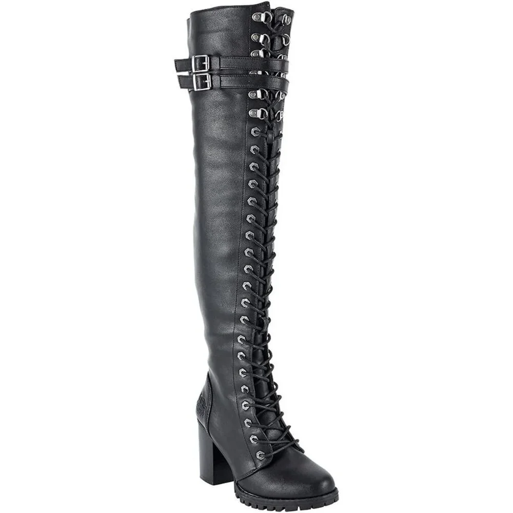 Women's Black Over The Knee Zip Buckle Soft Thigh High Lace Up Tall Boots